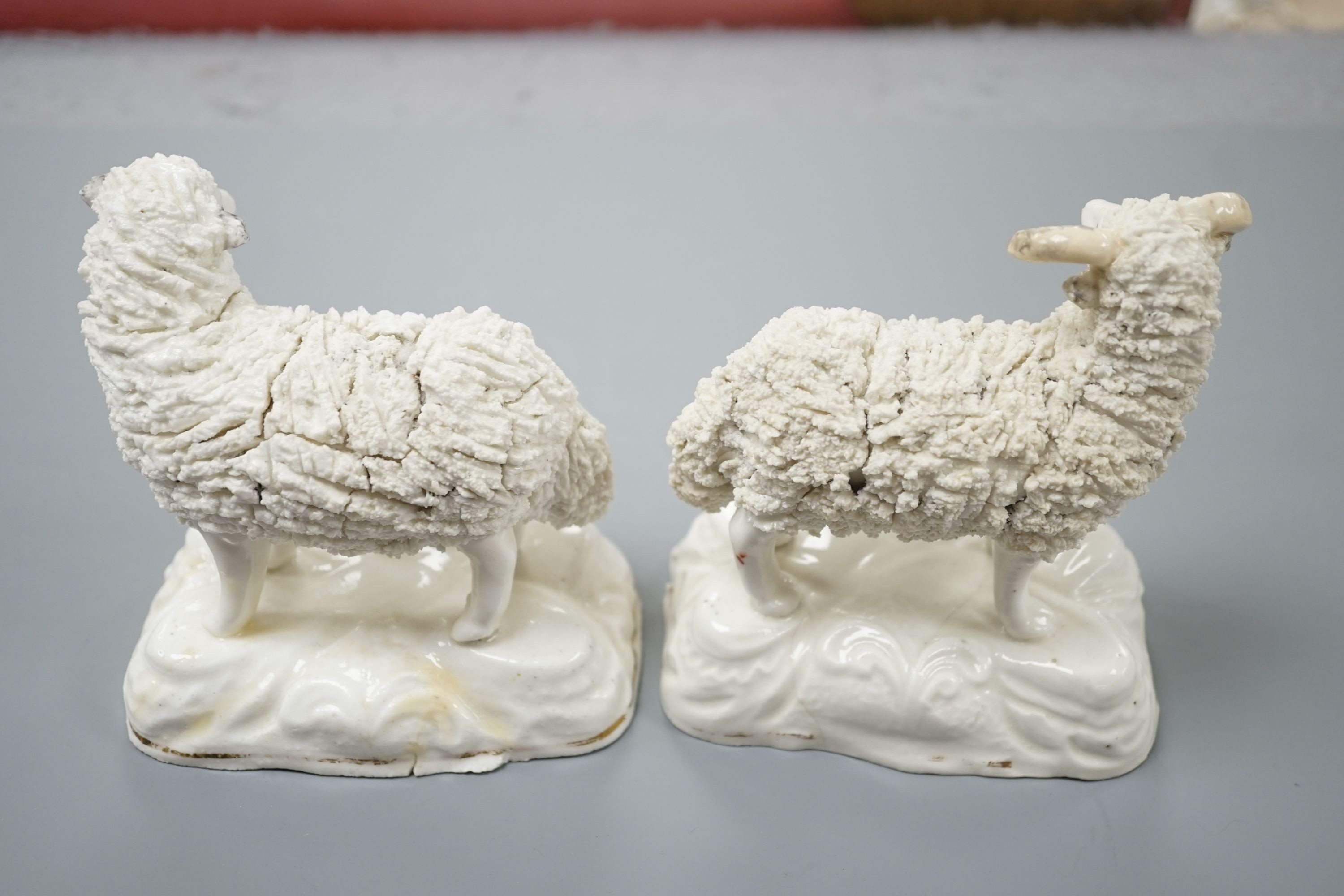 A pair of large Staffordshire porcelain figures of a ewe and a ram, c.1835–50, 10.5 and 11 cm high, Provenance: Dennis G.Rice collection